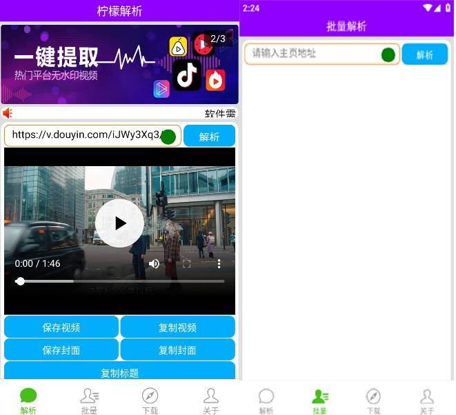 柠檬解析支持批量解析快手抖音火山等